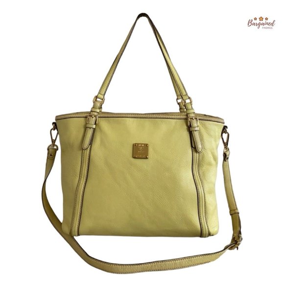 Authentic MCM Pale Yellow Textured Leather Two Way Tote Shoulder/Crossbody Bag - Picture 1 of 12